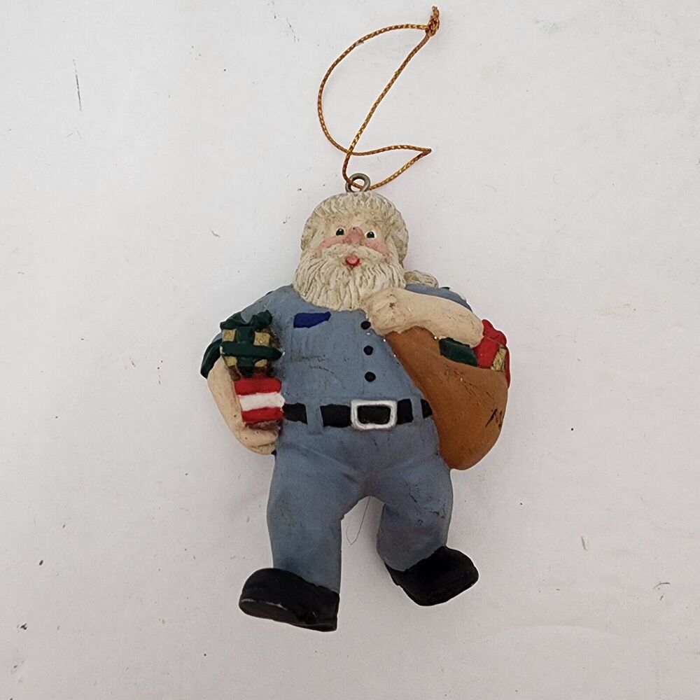 Santa Mailman Ornament 3.5" Resin Holding Presents and Mailbag Vtg